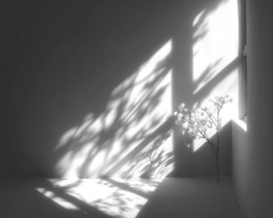 Sparse interior with stark shadows of a window and a small plant