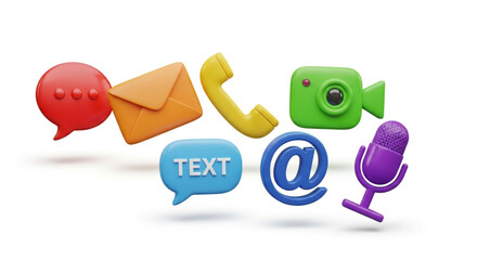 Colorful communication icons, including speech bubble, email, phone, camera, text, at sign, and microphone