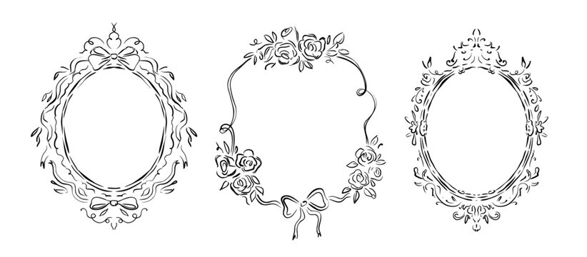 Set of vintage decorative frames with roses, ribbons, ornate details. Whimsical line art vector in quickly sketched style. Template for wedding invitations, romantic designs, greeting cards, posters.