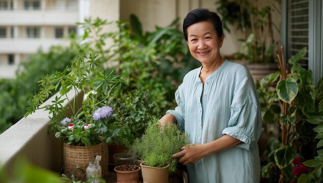 Senior woman smiling, balcony gardening with potted herbs and flowers in an apartment — natural light lifestyle portrait — promoting urban wellness, eco habits, and sustainable home living - Powered by Adobe