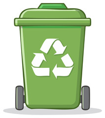 Green recycling bin cartoon illustration with universal recycle symbol and wheels