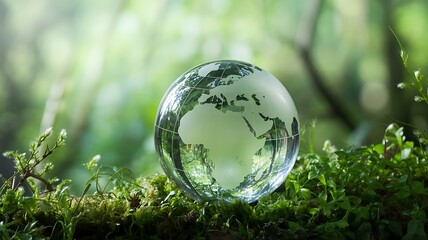 Glass globe with Earth continents resting on green moss in forest, eco environment and sustainability concept
