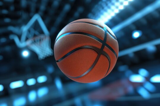 Basketball in mid-air during a game inside an arena at night