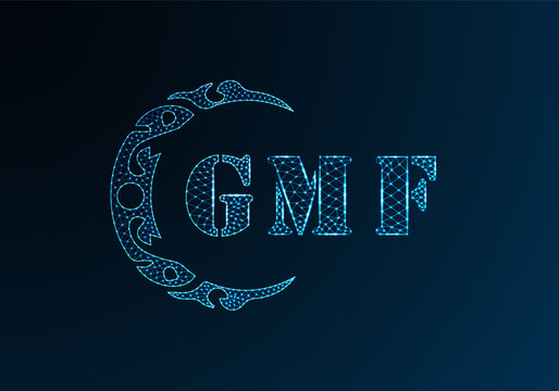 Low poly letter logo GMF design. GMF letter logo low poly vector design on blue color gradient background. GMF logo low poly design