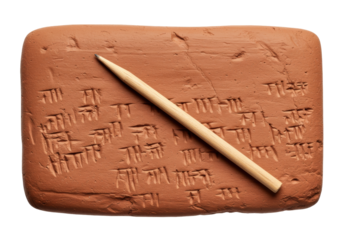 Isolated ancient cuneiform tablet with writing stylus tool, artifact on display, clay tablet