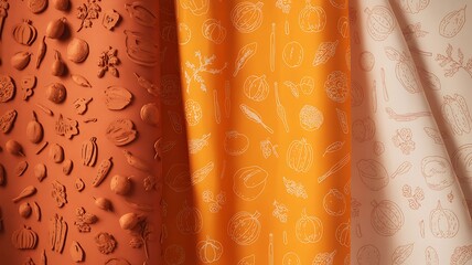 Warm toned patterned fabrics with embossed and printed food illustrations in terracotta, orange, and beige colors
