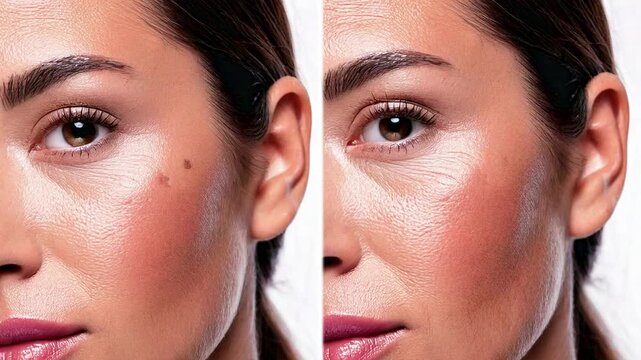 Mole removal. A woman's face before and after a medical procedure of mole removal using surgical excision, shave removal, cryotherapy, laser treatment, or radiowave surgery