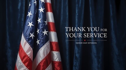 American flag with message thank you for your service, honoring veterans and military appreciation concept on dark blue curtain background
