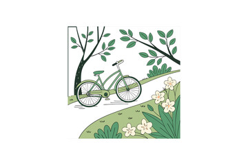 A charming green bicycle rests beneath leafy trees artistic silhouette