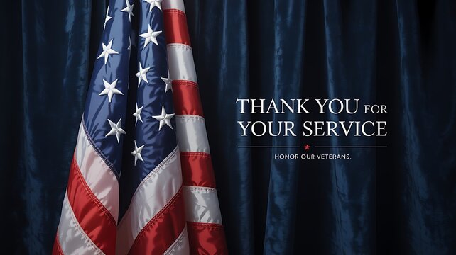 American flag with message thank you for your service, honoring veterans and military appreciation concept on dark blue curtain background
- Powered by Adobe