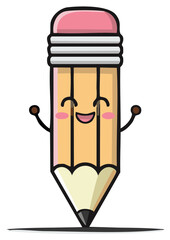Happy smiling yellow pencil cartoon character with pink eraser waving