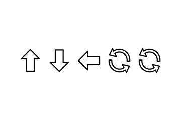 Set of minimalistic vector arrows in outline style, upward arrow, downward arrow, left arrow, sync icons, direction symbols, navigation pointers, interface design elements for technology and UI
