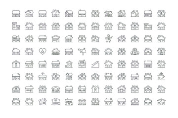 Collection of 80 Minimalist Thin Line House and Home Icons with Real Estate, Property, Architecture, Construction, Roof, Building and Residence Symbols for UI Design and Web