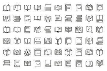 Set of 56 thin line vector icons of open books, stacked books, bookmarks, search magnifier with books, educational reading symbols, library and literature outline illustrations for study and knowledge
