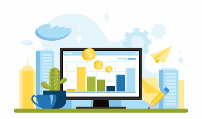 Statistics and data analysis for business investments. Financial statistics, calculations, and basic analysis are displayed on the computer monitor. Vector illustration in a flat style