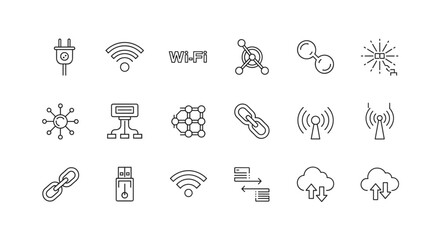 Technology and Network Connection Icons Set, Digital Communication, Wireless Signals, Cloud Data Transfer, USB Drive, Internet Security, Link Chain, Network Structure Elements in Vector Outline