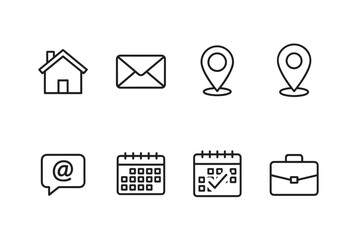Minimalist business and communication icons set, house, envelope mail, location pins, email chat bubble, calendar with checkmark, and briefcase symbol, vector line art