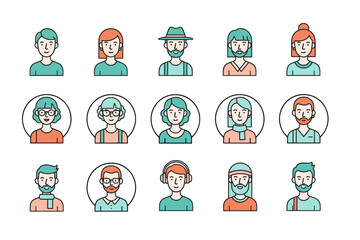 People avatar icon set. Diverse character portraits for user profiles. Men and women faces. Modern flat outline style. Vector illustration for social media or business team.