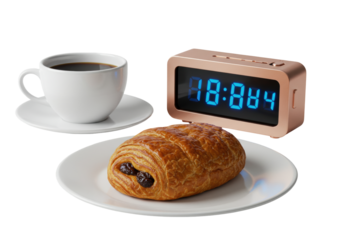 Isolated Breakfast scene with coffee cup, chocolate croissant and digital clock on table