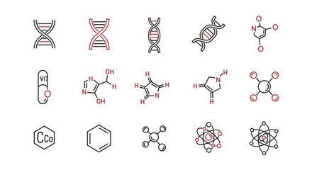 Science icon set with DNA helix, atom models, and molecular structures. Vector line art for chemistry, genetics, biology research, and education. Chemical formula symbols.