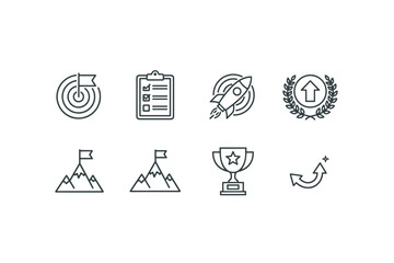 Goal and success line icon set. Business achievement, startup launch, career growth, and mission accomplished concepts. Target, checklist, rocket, trophy vector icons.