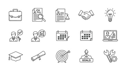Business and career development line icon set. Human resources, job search, CV analysis, and recruitment concepts. Education, graduation, and goal achievement vector icons.