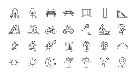 City park and outdoor activity line icon set. Collection of thin line vector symbols for recreation, leisure, and nature. Includes playground, bike, walking, kite, and bench.