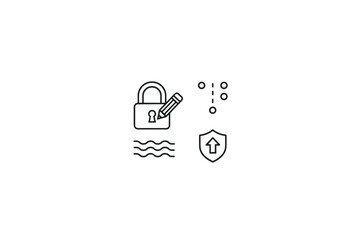 Digital security lock icon with pencil edit, protection shield with upgrade arrow, data flow symbols, network connection elements. Cybersecurity and data protection concept.