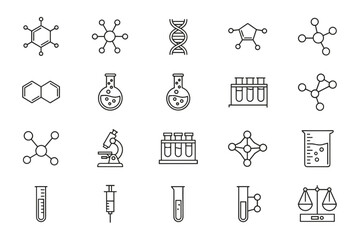 Science and chemistry research thin line icon set. Vector symbols for laboratory and education. Includes molecule, DNA, microscope, test tube, beaker, and flask illustrations.