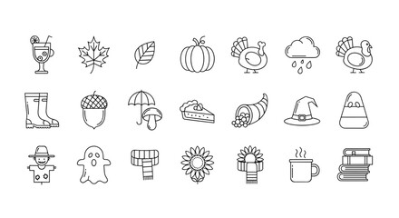 Thanksgiving and Autumn Icons Set with Pumpkin, Turkey, Acorn, Cornucopia, Scarecrow, Ghost, Sunflower, Hot Drink, Boots, Leaves, Hat, Pie, Books, Scarf, and Rain Fall Illustration Line Art