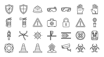 Safety line icons set. Workplace security and protection equipment. Vector collection of symbols like hard hat, warning sign, fire extinguisher, first aid kit and biohazard.