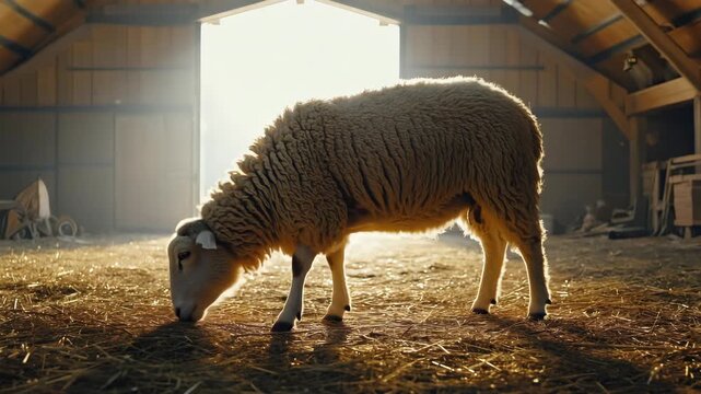 A sheep eating hay inside a barn. Rural farm setting.