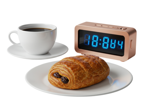 Isolated Breakfast scene with coffee cup, chocolate croissant and digital clock on table