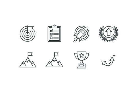 Goal and success line icon set. Business achievement, startup launch, career growth, and mission accomplished concepts. Target, checklist, rocket, trophy vector icons.
