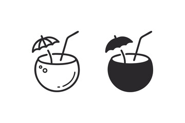 Two tropical coconut drinks with umbrellas line art and solid silhouette