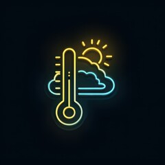 High quality neon illustration of a thermometer sun and clouds indicating weather