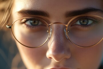 Close-up portrait of a young woman with freckles wearing round eyeglasses, her gaze is direct and engaging