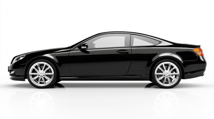 Fototapeta premium A stylish black coupe with shiny wheels is displayed against a pristine white backdrop. The vehicle's sleek design highlights its luxury features and aerodynamic shape.