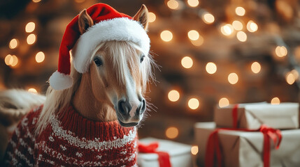 funny horse in santa hat and christmas sweater with gift boxes, blurred holiday lights, stock meme,