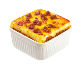 Delicious moussaka served in a white ramekin, highlighting rich golden topping and savory meat filling, captured with warm studio lighting and a crisp, clean composition, perfect for culinary conte...