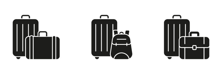 Luggage And Bags Solid Icon Set. Travel Suitcase, Backpack, And Briefcase Silhouette Symbol Collection. Ideal For Travel, Business, And Education Themes. Isolated Vector Illustration