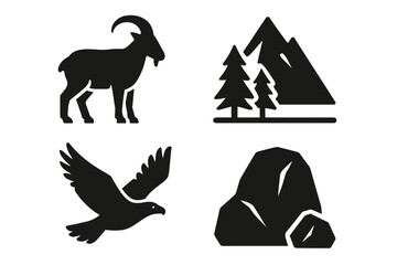 Wildlife and nature symbols: goat, mountain, bird, rock silhouettes