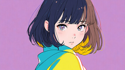 A colorful anime-style character with short hair that fades from dark to light brown, with yellow tips