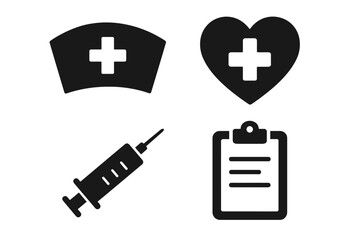 Obraz premium Medical icons: nurse cap, heart, syringe, clipboard