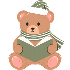 Cottagecore Christmas Teddy Bear Reading Book Clipart 