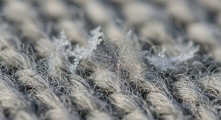 Obraz premium Delicate Snowflakes on Textured Fabric: A Macro Perspective of Winter's Intricate Ice Crystals on a Cozy Gray Textile Surface