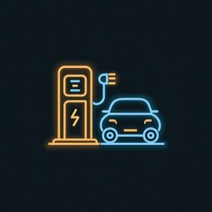 High quality neon illustration of electric car charging at a station