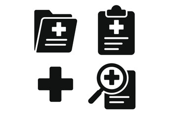 Obraz premium Medical document icons: folder, clipboard, cross, magnifying glass symbols