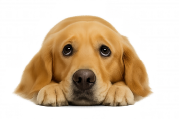Golden retriever puppy with sad begging eyes and paws, feeling guilty, waiting on transparent background