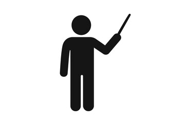 Minimalist black stick figure icon pointing with stick on white background